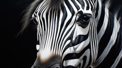  a close - up of a zebra's head with black and white stripes on it's body and a black background with a white spot in the middle.