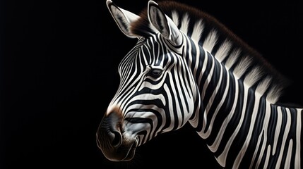  a close up of a zebra's head on a black background with its head turned to the side and it's head turned slightly slightly to the side.