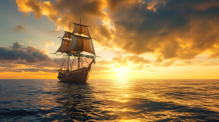 Fototapeta premium A caravel sailing across the ocean
