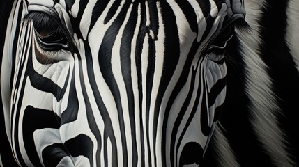  a close up of a zebra's face with a black and white pattern on it's face and a black and white stripe pattern on the back of the zebra.