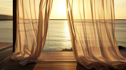 A linnen curtain of a terrace with a scenic sea view