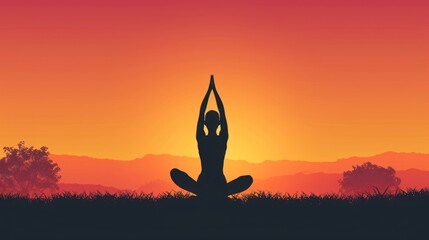  a silhouette of a woman doing yoga in front of an orange and pink sky with the sun setting behind her and her arms in the air with her hands in the air.