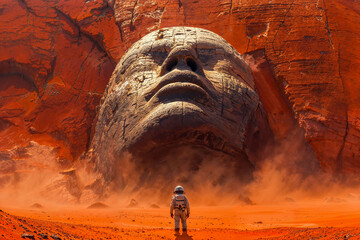 Astronaut standing before the Face on Mars, artist interpretation, ancient aliens, conspiracy theory, cover up, sci fi