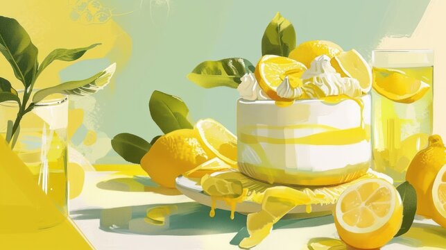  a painting of lemons and a cake on a table with a vase of lemons and a glass of lemonade on the table next to the cake is a lemon.
