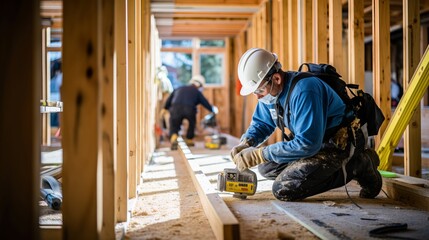 Phased installation of wooden house frame with workers and partition process in apartment building