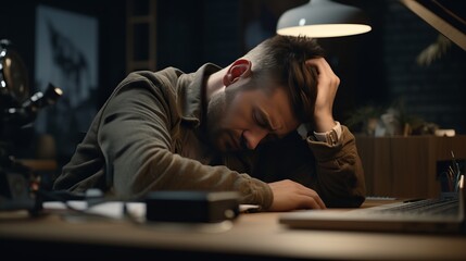 Exhausted office worker seeking respite from laptop strain, closing eyes to alleviate headache - obrazy, fototapety, plakaty