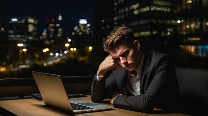 Exhausted office worker taking a break from laptop work, desperately in need of rest and relaxation