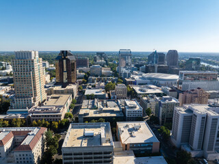 The Tower Bridge in Sacramento, California with the city of of Sacramento in the background and...