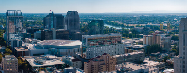 The Tower Bridge in Sacramento, California with the city of of Sacramento in the background and...