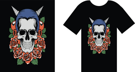 T-shirt design concept, Black t-shirt adorned with a skull and roses, Creating a striking and edgy design