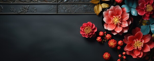 Frame made of red flowers on dark blue background with copy space. Floral chinese New Year decoration in vintage style. Greeting card template for Wedding, Valentine, Mother's or Women's day