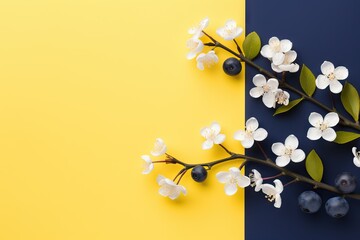 Fresh lemon, blueberry and cherry flowers on yellow and blue background with copy space. Spring and summer concept. Greeting card, banner, backdrop, menu 
