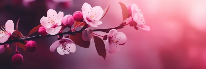 Outdoor kussens Cherry blossom in spring. Beautiful nature scene with blooming tree and sun flare. Spring flowers on blurred pink background with bokeh lights. Backdrop for card or banner with copy space © ratatosk