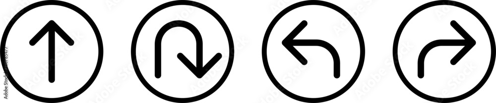 Poster go straight this way one way only u turn left and right black and white arrow round circle traffic s