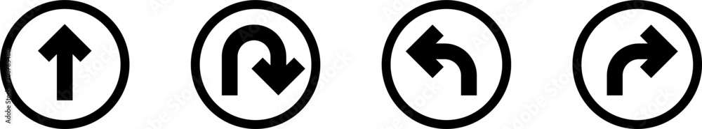 Poster go straight this way one way only u turn left and right black and white arrow round circle traffic s
