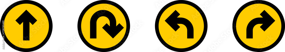 Poster go straight this way one way only u turn left and right black and yellow arrow round circle traffic 