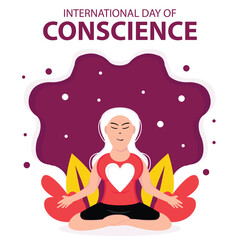 illustration vector graphic of a woman is meditating, displaying a heart symbol on her chest, perfect for international day, international day of conscience, celebrate, greeting card, etc.
