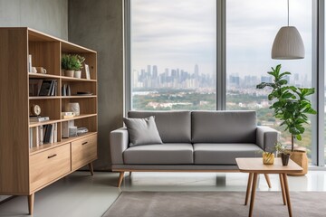 Modern living room interior with sofa, coffee table, rug, bookshelf, plants and city view