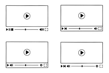 Multimedia video player template doodle set. Play video online window with play button, loading slider bar in sketch style. Hand drawn vector illustration isolated on white background. © AnyaLi
