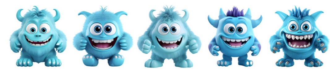 Cute blue monsters collection, cartoon style. On Transparent background