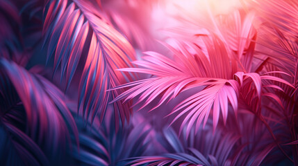 Creative fluorescent color layout made of tropical leaves, neon colors. Nature concept. Minimal summer abstract jungle or forest pattern - obrazy, fototapety, plakaty