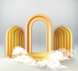 realistic 3d cylinder stand podium in arch window Vector abstract studio room with geometric platform Product display. Vector rendering geometric forms.