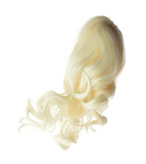 Wind blow long wavy curl Wig hair style fly fall. Gold Blonde woman wig hair float in mid air. Long straight Curly wavy golden wig hair wind blow cloud throw. White background isolated detail motion