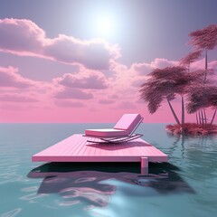 pink surreal seascape with a pink lounger on a dock extending from a small pink island with pink trees into a pink ocean under a pink sky