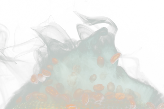 Roasted Coffee seeds with smoke. Beans Coffee roasted on pile and hot smoke raise up in line shape. Roasted coffee bean create scent aroma. Black background isolated