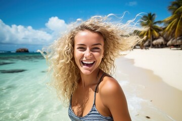 Caucasian woman smiling happy on tropical beach