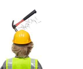 Back view caucasian construction industrial worker wear yellow hard hat safety vast. Hammer nails nuts bolts material supply fall down into head of engineer as accident. White background isolated