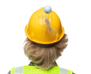 Back view caucasian blonde man construction industrial worker wear yellow hard hat safety vast. Goft ball fly fall down into head of engineer as accident. White background isolated