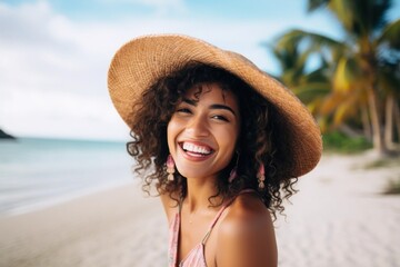 Hispanic woman smiling happy on tropical beach