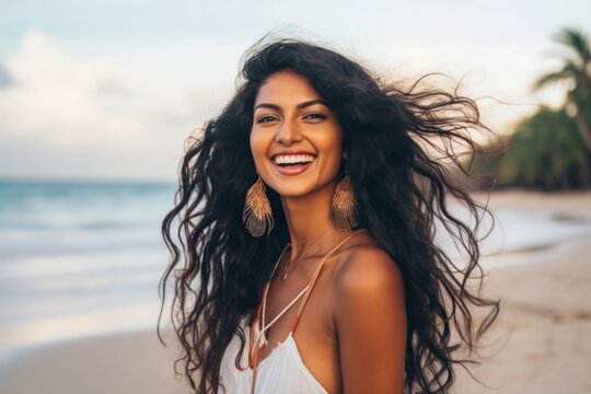 Indian woman smiling happy on tropical beach
