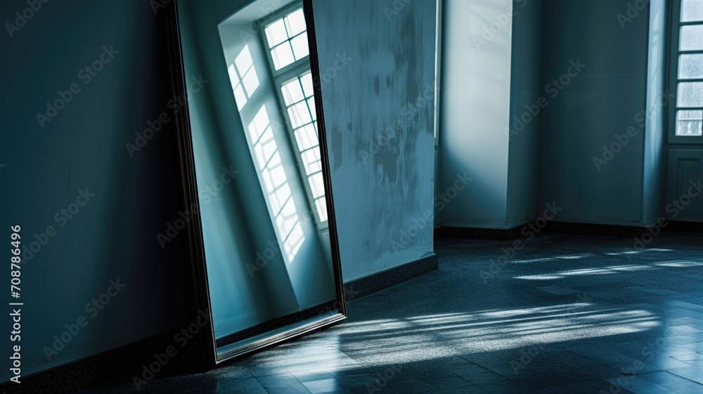 Poster mirror reflecting a room with sunlight creating patterns on the floor
