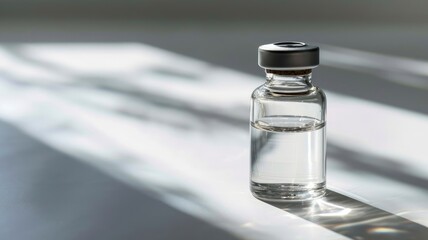 Transparent glass vial with clear liquid on a shadowed surface - obrazy, fototapety, plakaty