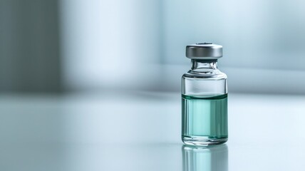 A clear glass vial with a greenish liquid and a metal cap