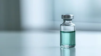 Fototapete A clear glass vial with a greenish liquid and a metal cap © Artyom