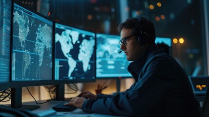 Analyst with headphones examines global data on multiple monitors