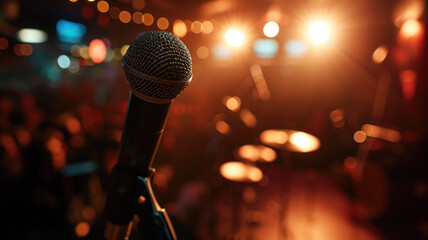 Close-up of a microphone on a stand, with a bokeh of stage lights