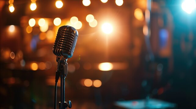 Vintage microphone on a stand, spotlighted with a warm bokeh background