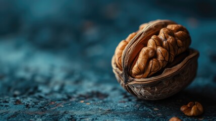 A pecan nut in a half shell on a textured blue background - obrazy, fototapety, plakaty