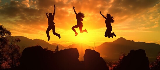 Silhouette three people jumping on mountain sunset sky background. Friends jumping on the beach under sunset sunlight.