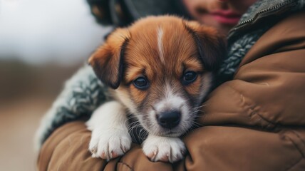 Close-up of a small puppy in a person's arms