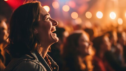 Woman laughing joyfully at a concert, surrounded by lights
