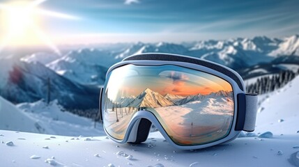Ski goggles in the snow. Mountains reflect out of glass. Winter sports and equipment.mountains isolated on whit - obrazy, fototapety, plakaty