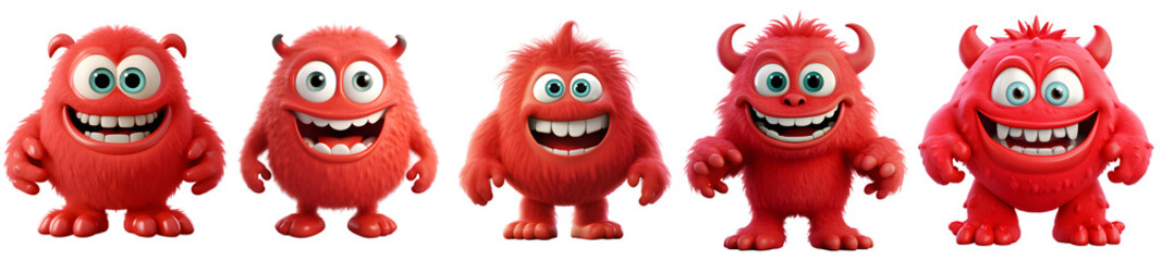 Cute red monsters collection, cartoon style. On Transparent background
