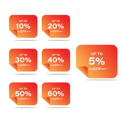 Discount offer sale stickers. Discount sale off tag, 50, 20, 10, 40, 30, 60, 70, 45, 90, 5, 15 percent. Set sale offer emblem, badge price discount number. Flat offer.