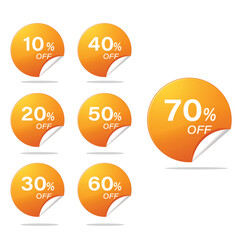 Discount offer sale stickers. Discount sale off tag, 50, 20, 10, 40, 30, 60, 70, 45, 90, 5, 15 percent. Set sale offer emblem, badge price discount number. Flat offer.