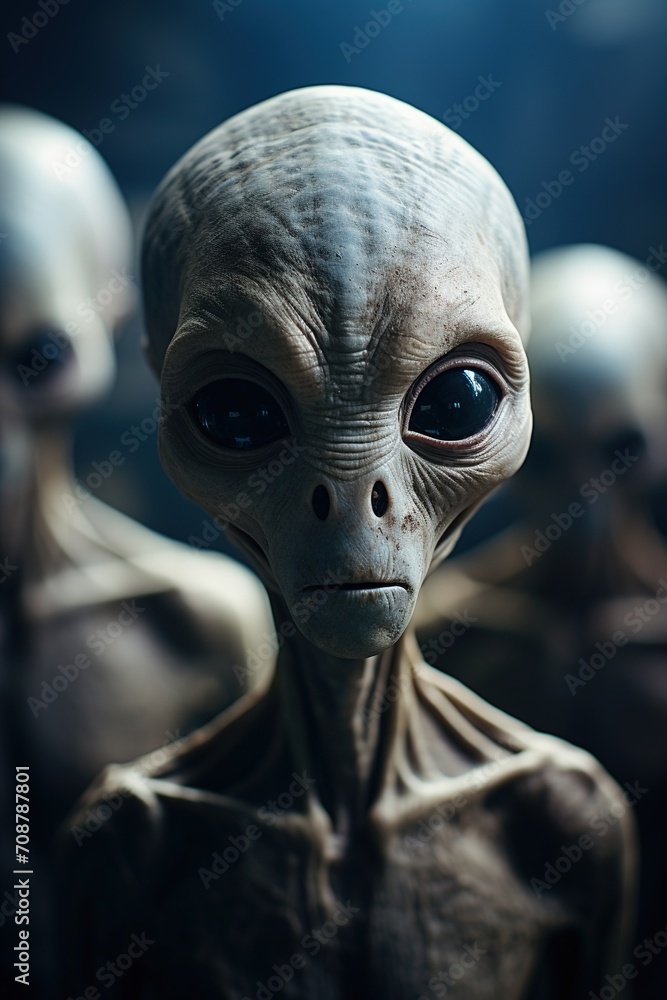 Poster close-up of an alien with dark eyes looking at the camera with blurred aliens in the background